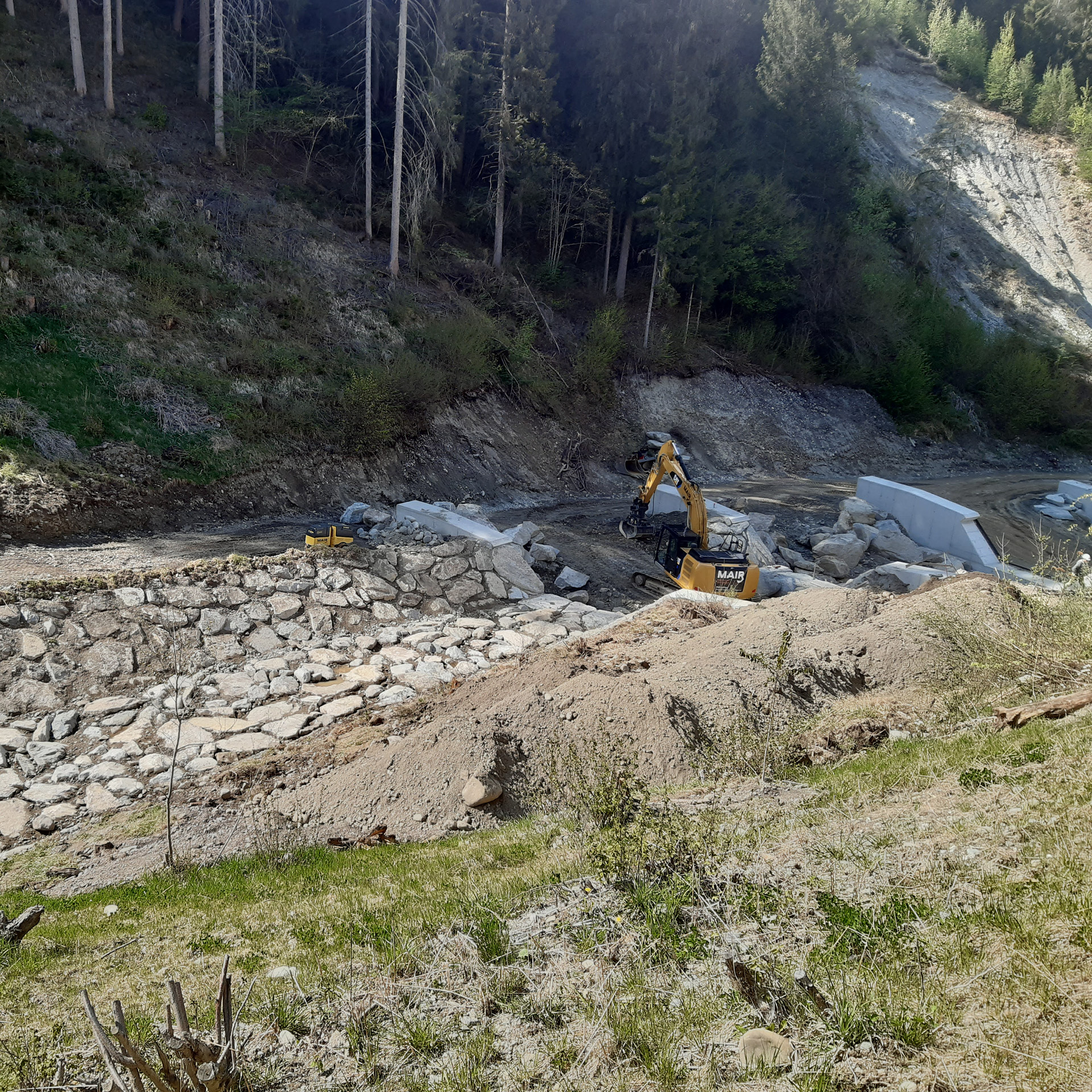 aloismair-wildbachverbauung4 Kettenbagger transportiert einen großen Stein für die Wildbachverbauung, mehrere Wasserschleusen